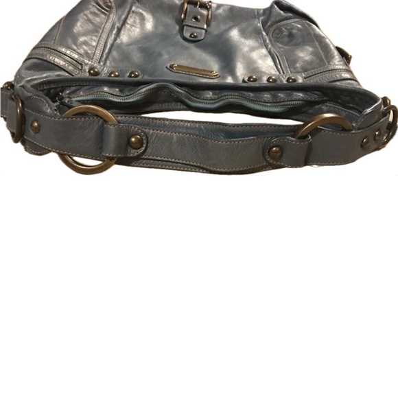ISABELLA FIORE Vtg Large Blue Metallic Shimmer Stud Leather Hobo Handbag Satchel - Picture 14 of 16